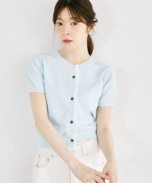tocco closet(トッコ クローゼット)の「【ZOZO限定】バイカラー釦レースライン装飾半袖ニットカーディガン(カーディガン/ボレロ・レディース・ブルー/アイボリー/ピンク/グレー・M)」の21枚目の写真