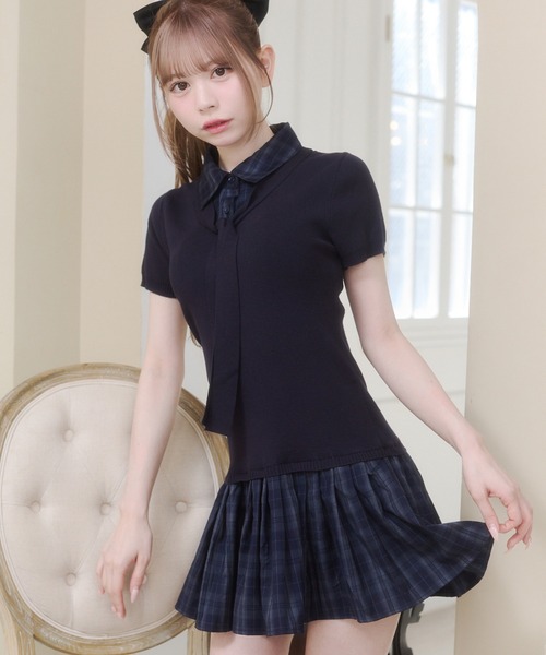 Rmine（アールマイン）の「レイヤード風 チェック ドッキング ニット ミニワンピース（ワンピース・レディース・ホワイト/グレー/ネイビー・FREE）」の3枚目の写真