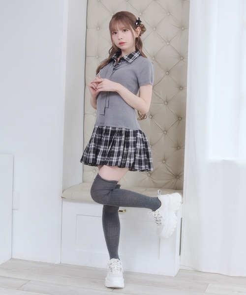 Rmine（アールマイン）の「レイヤード風 チェック ドッキング ニット ミニワンピース（ワンピース・レディース・ホワイト/グレー/ネイビー・FREE）」の22枚目の写真