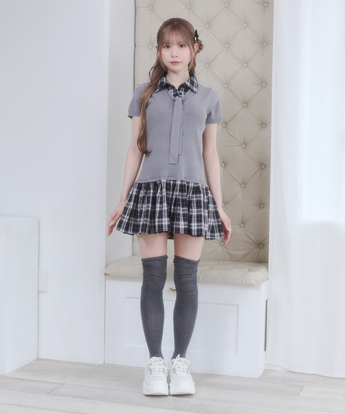 Rmine（アールマイン）の「レイヤード風 チェック ドッキング ニット ミニワンピース（ワンピース・レディース・ホワイト/グレー/ネイビー・FREE）」の21枚目の写真
