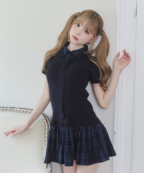 Rmine（アールマイン）の「レイヤード風 チェック ドッキング ニット ミニワンピース（ワンピース・レディース・ホワイト/グレー/ネイビー・FREE）」の10枚目の写真
