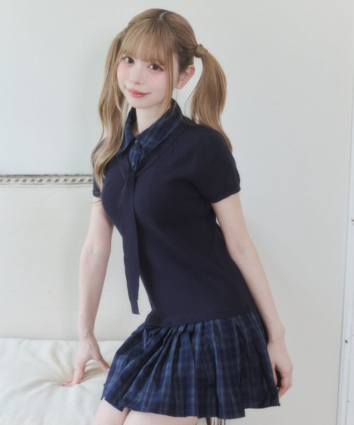 Rmine（アールマイン）の「レイヤード風 チェック ドッキング ニット ミニワンピース（ワンピース・レディース・ホワイト/グレー/ネイビー・FREE）」の11枚目の写真
