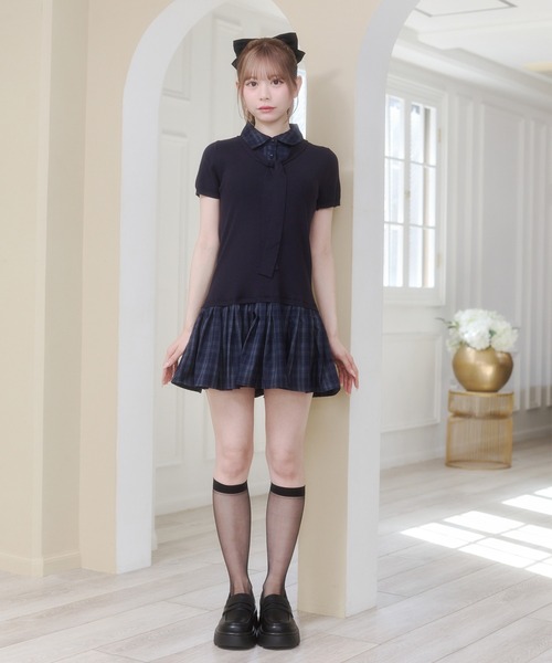 Rmine（アールマイン）の「レイヤード風 チェック ドッキング ニット ミニワンピース（ワンピース・レディース・ホワイト/グレー/ネイビー・FREE）」の7枚目の写真