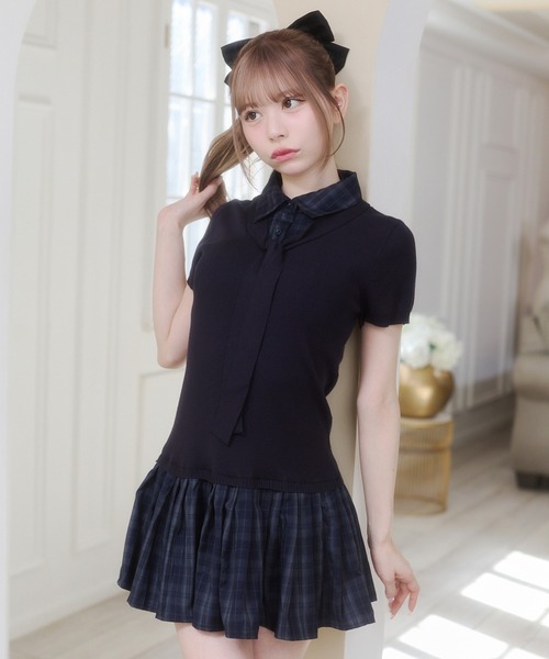 Rmine（アールマイン）の「レイヤード風 チェック ドッキング ニット ミニワンピース（ワンピース・レディース・ホワイト/グレー/ネイビー・FREE）」の12枚目の写真