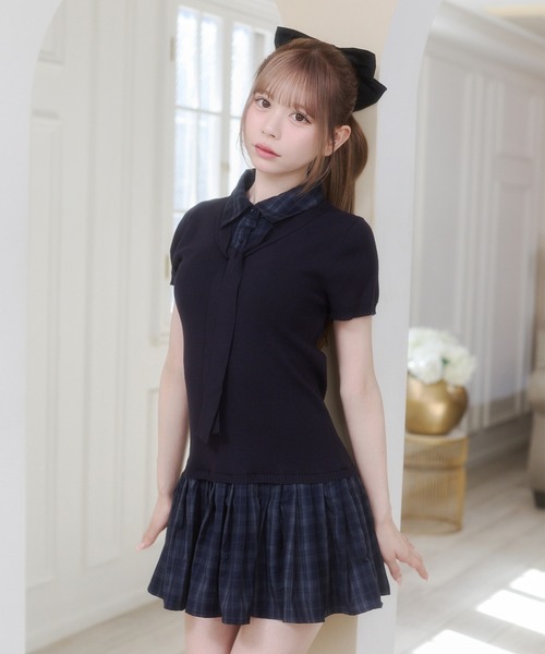 Rmine（アールマイン）の「レイヤード風 チェック ドッキング ニット ミニワンピース（ワンピース・レディース・ホワイト/グレー/ネイビー・FREE）」の14枚目の写真