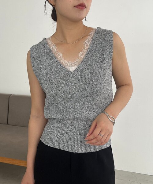 CAPRICIEUX LE'MAGE(カプリシューレマージュ)の「レーストリミングノースリニット(ニット/セーター・レディース・アイボリー/ライトグレー/チャコールグレー・FREE)」の16枚目の写真