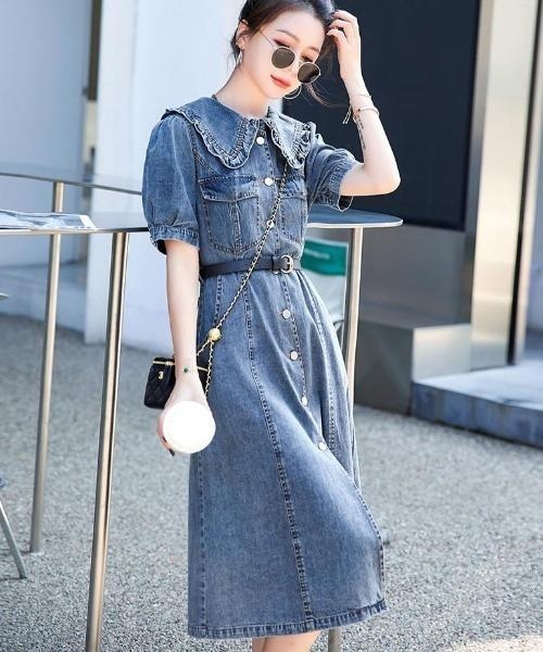 FAVORITO（ファヴォリート）の「ベルト付きデニムデカ襟シャツワンピース（ワンピース・レディース・ブルー・XL/L/M）」の3枚目の写真