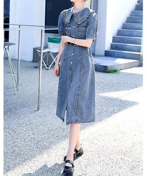 FAVORITO（ファヴォリート）の「ベルト付きデニムデカ襟シャツワンピース（ワンピース・レディース・ブルー・XL/L/M）」の5枚目の写真