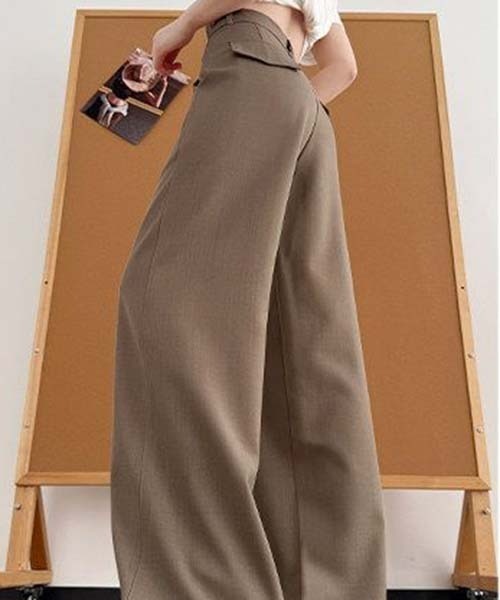 gossip!ロサンゼルス(ゴシップロサンゼルス)の「ハイウエスト フロントポケット付き ストレートワイドワークパンツ レディース 通勤パンツ A ラインボトム(デニムパンツ・レディース・ベージュ/ダークグレー/ブラック・S/M)」の3枚目の写真