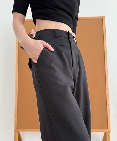 gossip!ロサンゼルス(ゴシップロサンゼルス)の「ハイウエスト フロントポケット付き ストレートワイドワークパンツ レディース 通勤パンツ A ラインボトム(デニムパンツ・レディース・ベージュ/ダークグレー/ブラック・S/M)」の2枚目の写真