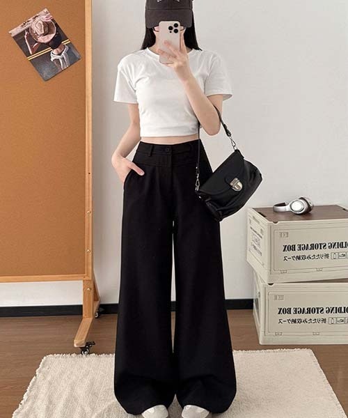 gossip!ロサンゼルス(ゴシップロサンゼルス)の「ハイウエスト フロントポケット付き ストレートワイドワークパンツ レディース 通勤パンツ A ラインボトム(デニムパンツ・レディース・ベージュ/ダークグレー/ブラック・S/M)」の4枚目の写真