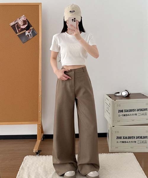 gossip!ロサンゼルス(ゴシップロサンゼルス)の「ハイウエスト フロントポケット付き ストレートワイドワークパンツ レディース 通勤パンツ A ラインボトム(デニムパンツ・レディース・ベージュ/ダークグレー/ブラック・S/M)」の9枚目の写真