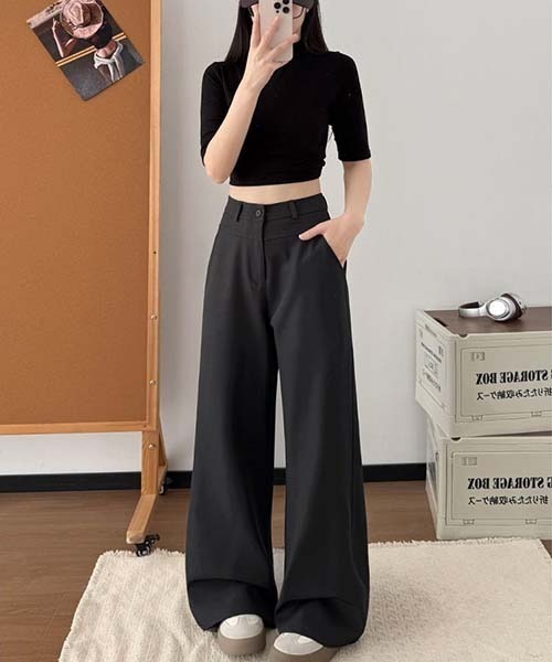gossip!ロサンゼルス(ゴシップロサンゼルス)の「ハイウエスト フロントポケット付き ストレートワイドワークパンツ レディース 通勤パンツ A ラインボトム(デニムパンツ・レディース・ベージュ/ダークグレー/ブラック・S/M)」の13枚目の写真