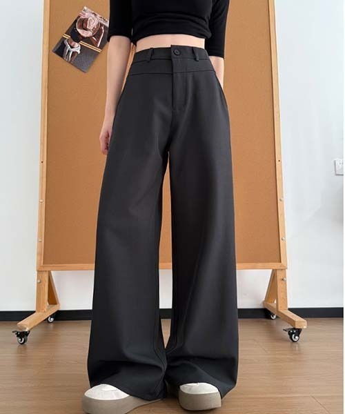 gossip!ロサンゼルス(ゴシップロサンゼルス)の「ハイウエスト フロントポケット付き ストレートワイドワークパンツ レディース 通勤パンツ A ラインボトム(デニムパンツ・レディース・ベージュ/ダークグレー/ブラック・S/M)」の14枚目の写真