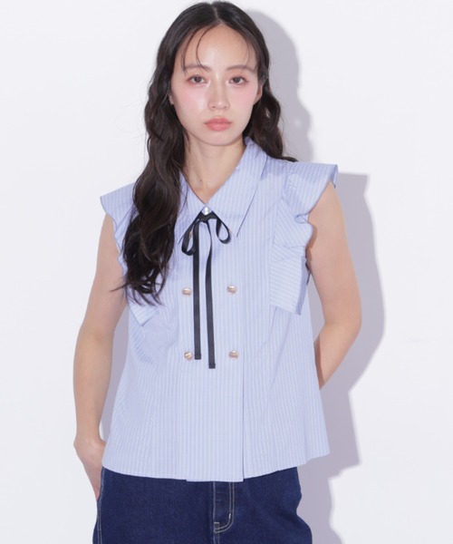 JILL by JILL STUART(ジルバイジルスチュアート)の「ダブル釦肩フリルブラウス(シャツ/ブラウス・レディース・ブルー系その他/ホワイト/ベージュ系その他・FREE)」の4枚目の写真