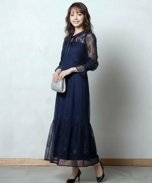 Cinderella(シンデレラ)の「パーティードレス 結婚式 ドレス お呼ばれ ワンピース オケージョン ロングドレス ロングワンピース レース 袖あり セットアップ 2点セット シアー 総レース ノースリーブワンピース ボレロセット ロング丈 マキシ丈 ティアードスカート リボン キャンディースリーブ 長袖レース(ドレス・レディース・ブルーグレー/ブラック/ネイビー/ダークグレー・LARGE/MEDIUM/X-LARGE)」の4枚目の写真