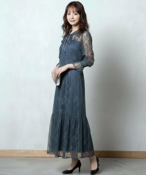 Cinderella(シンデレラ)の「パーティードレス 結婚式 ドレス お呼ばれ ワンピース オケージョン ロングドレス ロングワンピース レース 袖あり セットアップ 2点セット シアー 総レース ノースリーブワンピース ボレロセット ロング丈 マキシ丈 ティアードスカート リボン キャンディースリーブ 長袖レース(ドレス・レディース・ブルーグレー/ブラック/ネイビー/ダークグレー・LARGE/MEDIUM/X-LARGE)」の14枚目の写真