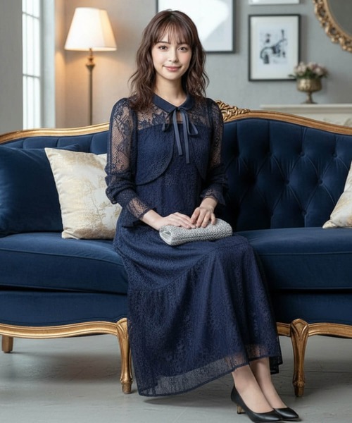 Cinderella(シンデレラ)の「パーティードレス 結婚式 ドレス お呼ばれ ワンピース オケージョン ロングドレス ロングワンピース レース 袖あり セットアップ 2点セット シアー 総レース ノースリーブワンピース ボレロセット ロング丈 マキシ丈 ティアードスカート リボン キャンディースリーブ 長袖レース(ドレス・レディース・ブルーグレー/ブラック/ネイビー/ダークグレー・LARGE/MEDIUM/X-LARGE)」の19枚目の写真