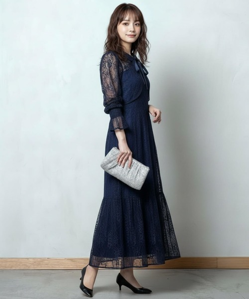 Cinderella(シンデレラ)の「パーティードレス 結婚式 ドレス お呼ばれ ワンピース オケージョン ロングドレス ロングワンピース レース 袖あり セットアップ 2点セット シアー 総レース ノースリーブワンピース ボレロセット ロング丈 マキシ丈 ティアードスカート リボン キャンディースリーブ 長袖レース(ドレス・レディース・ブルーグレー/ブラック/ネイビー/ダークグレー・LARGE/MEDIUM/X-LARGE)」の9枚目の写真