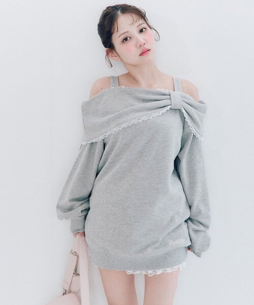 OLIVE des OLIVE(オリーブデオリーブ)の「Ribbon オフショルスウェット(Tシャツ/カットソー・レディース・ピンク/ブラック/トップグレー・FREE)」の2枚目の写真