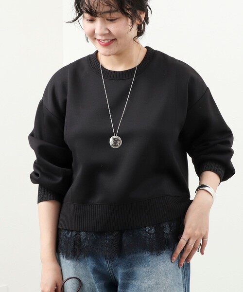 MICO COULIER(ミコクリエ)の「《セットアップ対応》軽量ボンディング裾レースプルオーバー(Tシャツ/カットソー・レディース・グレイッシュベージュ/ブラック・38)」の4枚目の写真