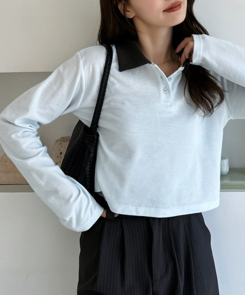 TREOVER（トレオーバー）の「コンパクトに着こなせるバイカラーポロトップス（ポロシャツ・レディース・チャコールグレー/ダークブラウン/ネイビー/アイボリー/ピンク/ライトブルー・FREE）」の19枚目の写真