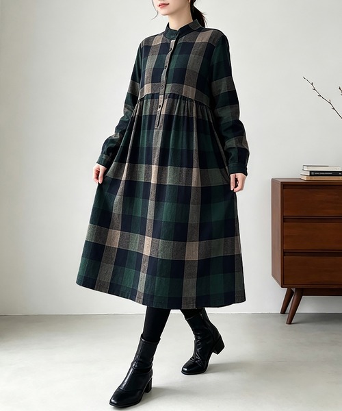 Doux Belle(ドゥーベル)の「チェック柄ロング丈シャツワンピース(シャツワンピース・レディース・グリーン/レッド/オレンジ・MEDIUM/LARGE/X-LARGE)」の4枚目の写真