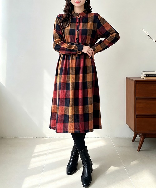 Doux Belle(ドゥーベル)の「チェック柄ロング丈シャツワンピース(シャツワンピース・レディース・グリーン/レッド/オレンジ・MEDIUM/LARGE/X-LARGE)」の6枚目の写真