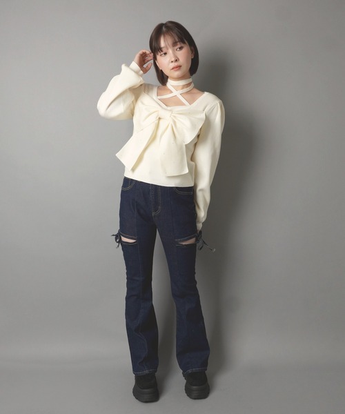 SPINNS(スピンズ)の「フロントリボンニット/クロス/韓国ガーリー(ニット/セーター・レディース・ブラック/アイボリー・ONESIZE)」の13枚目の写真