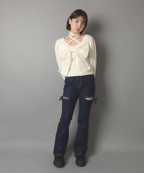 SPINNS(スピンズ)の「フロントリボンニット/クロス/韓国ガーリー(ニット/セーター・レディース・ブラック/アイボリー・ONESIZE)」の14枚目の写真