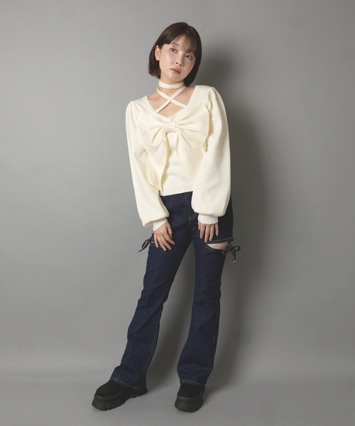 SPINNS(スピンズ)の「フロントリボンニット/クロス/韓国ガーリー(ニット/セーター・レディース・ブラック/アイボリー・ONESIZE)」の16枚目の写真