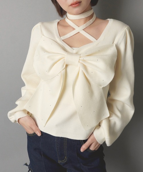 SPINNS(スピンズ)の「フロントリボンニット/クロス/韓国ガーリー(ニット/セーター・レディース・ブラック/アイボリー・ONESIZE)」の7枚目の写真