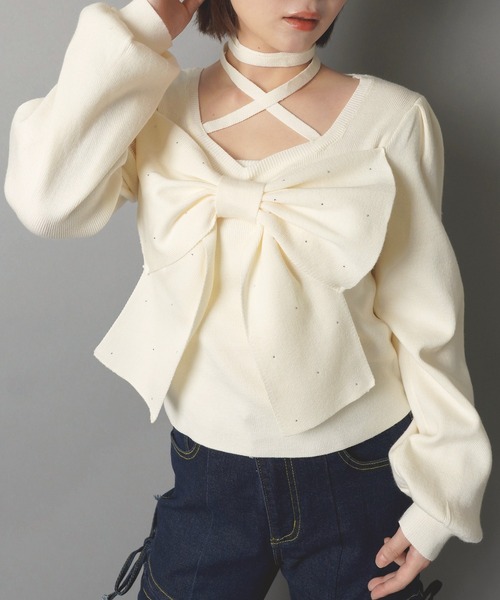 SPINNS(スピンズ)の「フロントリボンニット/クロス/韓国ガーリー(ニット/セーター・レディース・ブラック/アイボリー・ONESIZE)」の8枚目の写真