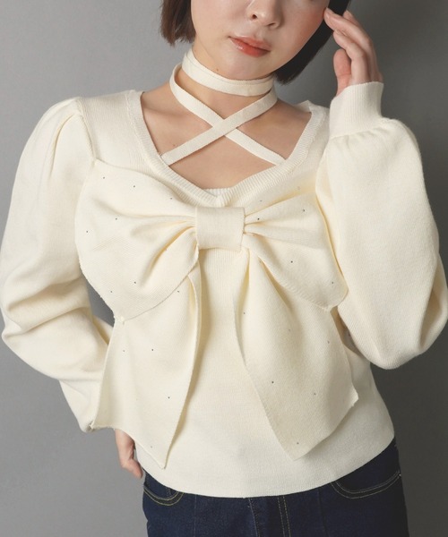 SPINNS(スピンズ)の「フロントリボンニット/クロス/韓国ガーリー(ニット/セーター・レディース・ブラック/アイボリー・ONESIZE)」の10枚目の写真