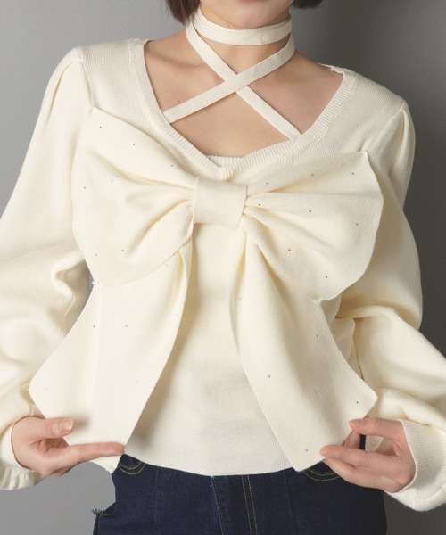 SPINNS(スピンズ)の「フロントリボンニット/クロス/韓国ガーリー(ニット/セーター・レディース・ブラック/アイボリー・ONESIZE)」の11枚目の写真