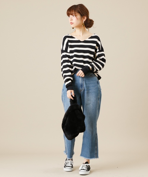 natural couture（ナチュラルクチュール）の「もちもち畦プルオーバー（ニット/セーター・レディース・グレー/ピンク/オレンジ/グリーン/ブラック×ホワイト・FREE）」の6枚目の写真