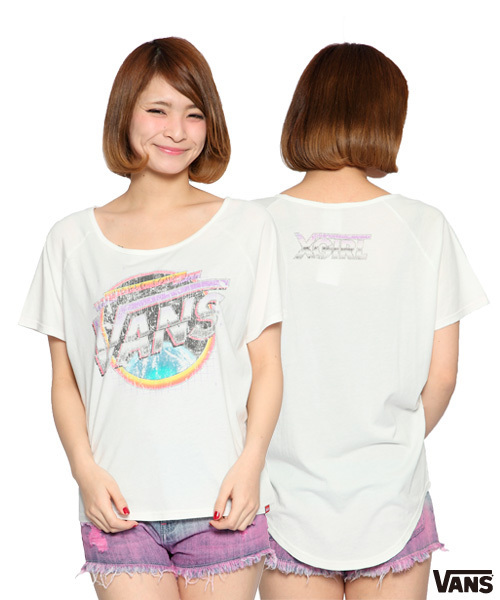 X-girl(エックスガール)の「X-girl × VANS WHEEL S/S TOP(Tシャツ/カットソー・レディース・ホワイト/マルチ/ブラック・1/2)」の2枚目の写真