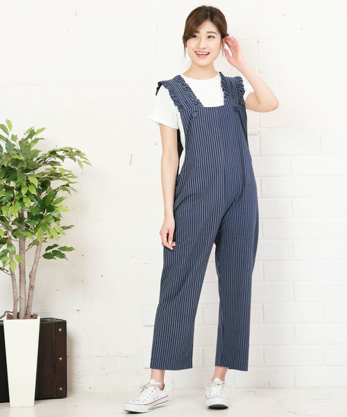 KOBE LETTUCE（コウベレタス）の「ショルダーフリルワイドシルエットオールインワン＊サロペット/ボトムス/レディース[E1847]神戸レタス（つなぎ/オールインワン・レディース・ブラック/ストライプ/ベージュ・FREE）」の3枚目の写真