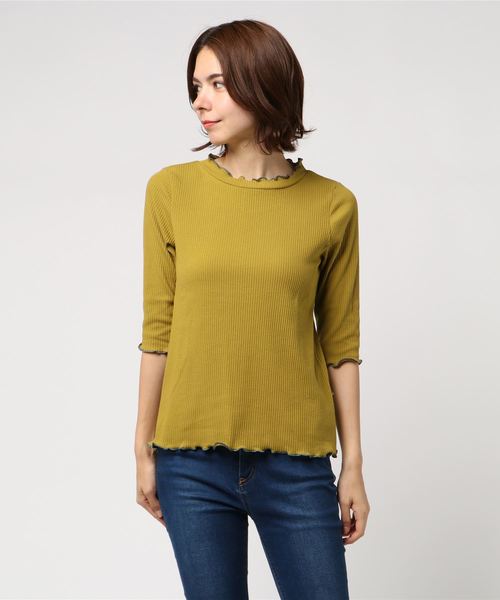 POU DOU DOU(プードゥドゥ)の「スパンテレコハイネック5分袖インナー(Tシャツ/カットソー・レディース・イエロー/オレンジ/ブルー/アイボリー/ダークグレー・3)」の5枚目の写真