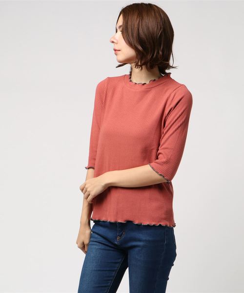 POU DOU DOU(プードゥドゥ)の「スパンテレコハイネック5分袖インナー(Tシャツ/カットソー・レディース・イエロー/オレンジ/ブルー/アイボリー/ダークグレー・3)」の1枚目の写真