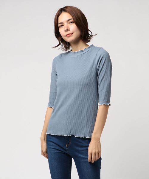 POU DOU DOU(プードゥドゥ)の「スパンテレコハイネック5分袖インナー(Tシャツ/カットソー・レディース・イエロー/オレンジ/ブルー/アイボリー/ダークグレー・3)」の4枚目の写真