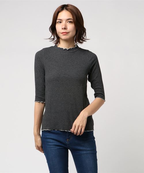 POU DOU DOU(プードゥドゥ)の「スパンテレコハイネック5分袖インナー(Tシャツ/カットソー・レディース・イエロー/オレンジ/ブルー/アイボリー/ダークグレー・3)」の3枚目の写真