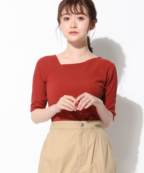 Honeys(ハニーズ)の「アシメネックプルオーバー(Tシャツ/カットソー)」|オレンジ