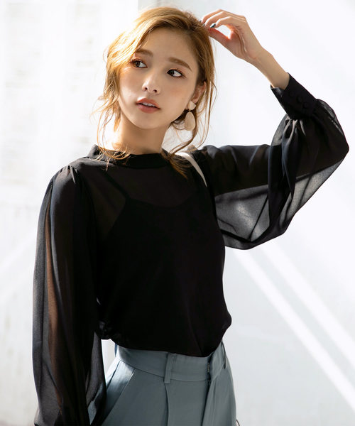 KOBE LETTUCE（コウベレタス）の「ボリュームスリーブシアーブラウス【インナーキャミソール付き】（シャツ/ブラウス・レディース・ブラック/ブラウン/ピンク/カーキ・FREE）」の14枚目の写真