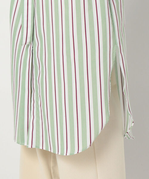 【NOLLEY'S】♡ストライプ ワンピース 七分袖 シャツワンピース ストライプ ノーカラー 前開き shi cogn xi