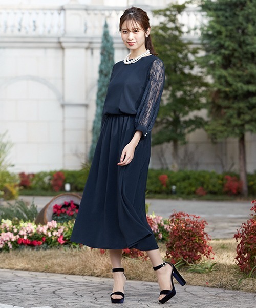 レーススリーブミモレ丈フレア結婚式ワンピース 二次会 成人式 同窓会 謝恩会 お呼ばれ対応フォーマルパーティードレス ドレス Girl ガール のファッション ドレス