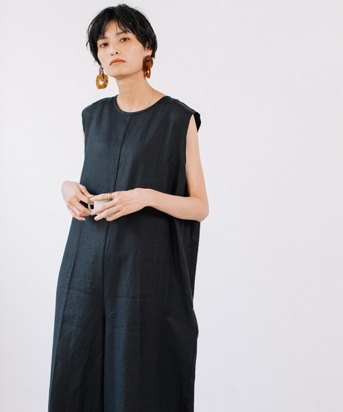 オードリーアンドジョンワッド　リネン ブラック ノースリーブ オールインワン audrey and john wad（オードリーアンドジョンワッド）の「【Audrey