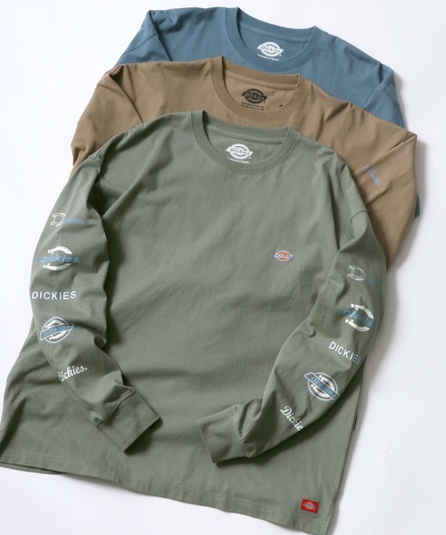 Dickies(ディッキーズ)の「【Dickies】 ディッキーズ オーバーサイズ 袖プリント ロングスリーブTシャツ/ロンT/別注 コラボ(Tシャツ/カットソー・メンズ・ホワイト/ブラック/ダークグリーン/ベージュ/サックスブルー/グリーン・M/L/XL)」の1枚目の写真