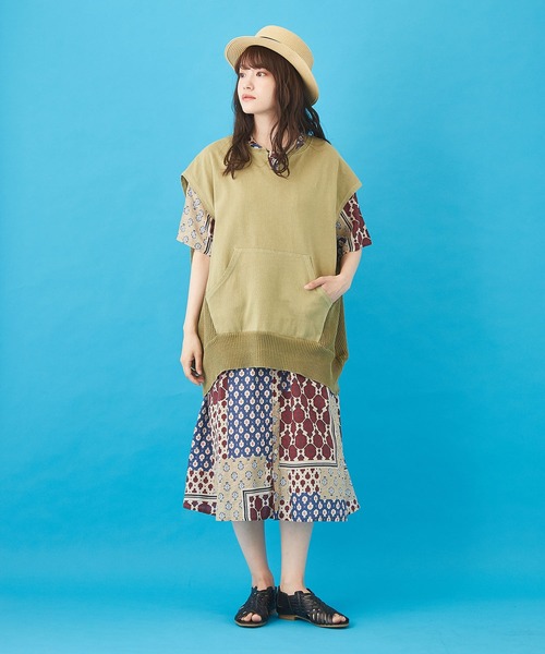 CUBE SUGAR（キューブシュガー）の「ボイル 総柄プリント ギャザーワンピース（シャツワンピース・レディース・ネイビー/ベージュ/サックスブルー/グレー・M）」の8枚目の写真