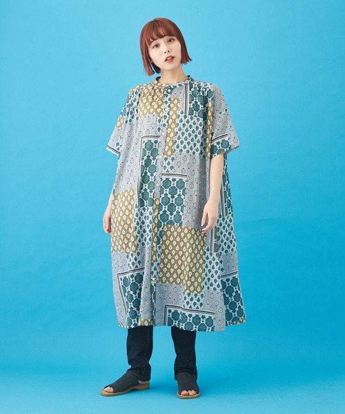 CUBE SUGAR（キューブシュガー）の「ボイル 総柄プリント ギャザーワンピース（シャツワンピース・レディース・ネイビー/ベージュ/サックスブルー/グレー・M）」の13枚目の写真